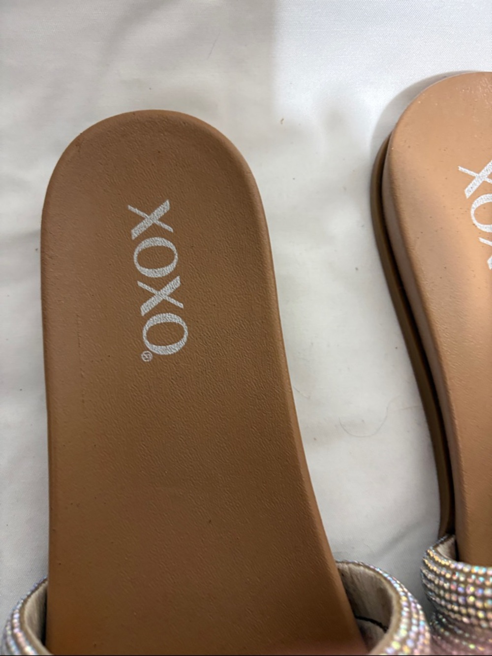 XOXO Tan Slide Sandals with Iridescent Crystal-Strap Detail - Picture 2 of 7
